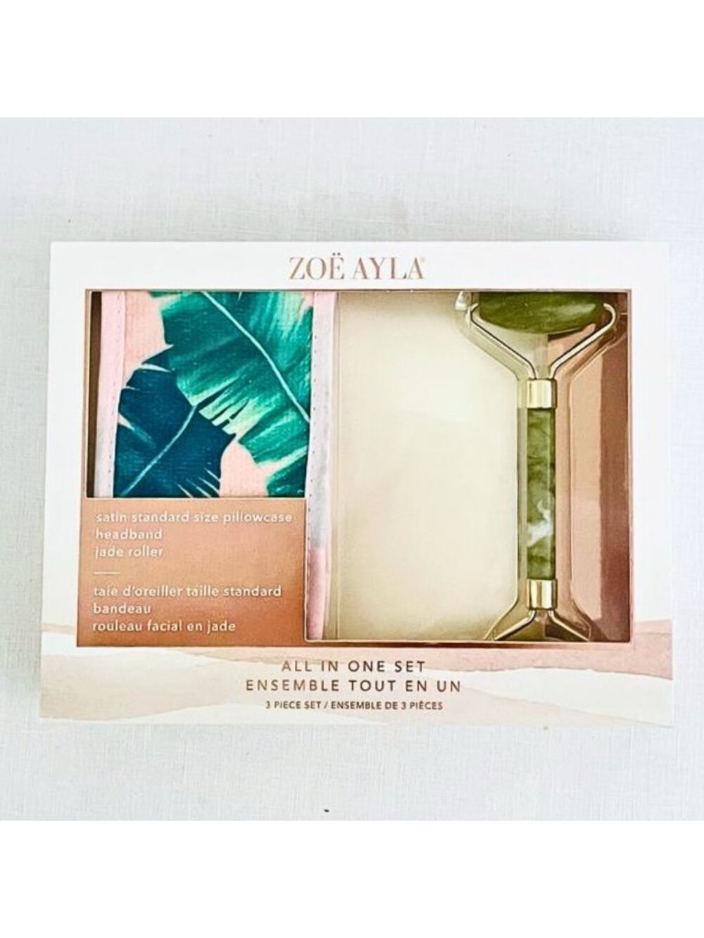 Zoe Ayla Spa Gift Set Jade Roller Satin Pillowcase Headband New in Box